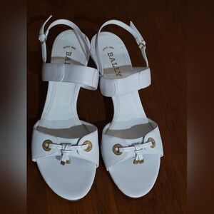 Bally White High Heel Sandals with Ankle Straps and Gold Accents, size 9/10